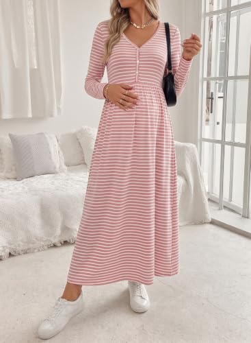 BLENCOT Maternity Dress V Neck Long Sleeve Striped Button Down Maxi Dresses - color: Pink, size: Small
