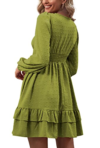 Rooscier Women's Wrap V Neck Swing Ruffle Swiss Dots Long Sleeve Mini Dress - color: Grass Green, size: Small