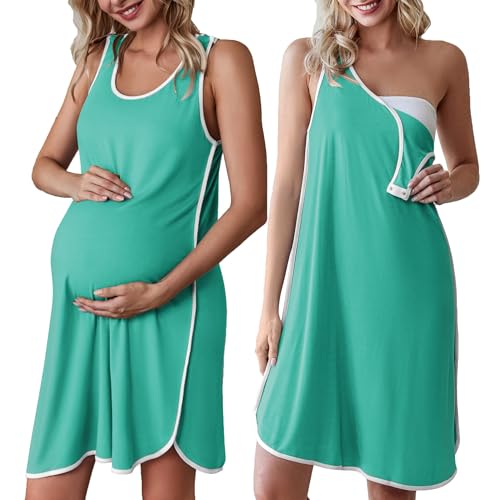 Labor and Delivery Gown Maternity Dress Breastfeeding Nursing Nightgown - color: Cyan, size: Medium