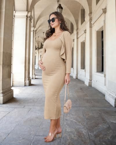 2 Piece Baby Shower Maternity Dress & Cardigan Set for Women - color: Light Coffee, size: Medium