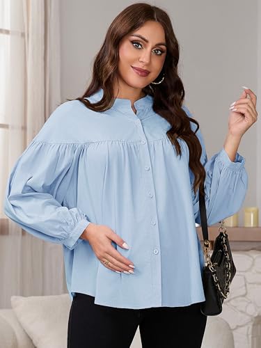 Womens Maternity Button Down Work Shirts Nursing Blouses Business Pleated Lantern Sleeve Pregnancy Office Tops - color: Blue, size: Small