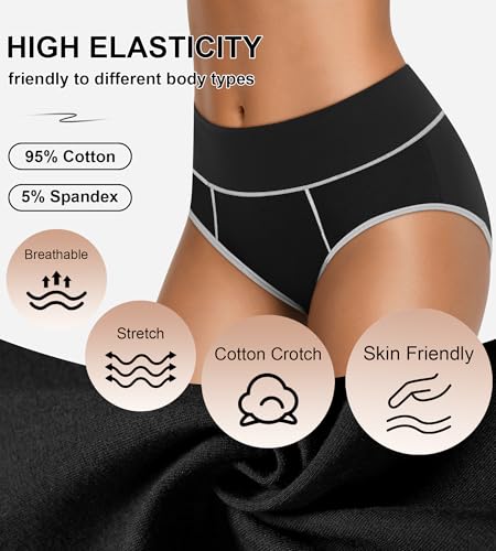 Womens Cotton Mid High Waisted Underwear Comfort Panties 5 Pack Briefs - color: Black-01-5 Pack-c, size: Large