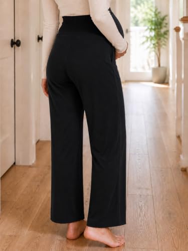 Yousify Womens Maternity Pants Casual Wide Leg Pregnancy Trousers - color: Black, size: Medium