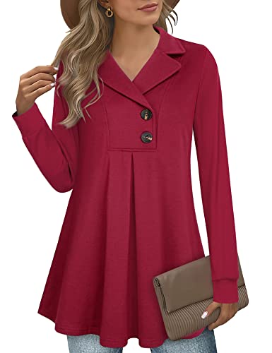 Gaharu Women's Swing Tunic Notch Collar Ladies Button Sweatshirt Long Sleeve Pullover Shirt Tops - color: Berry Red, size: X-Large
