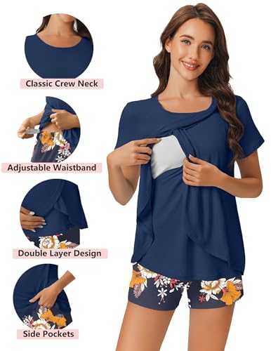 Ekouaer 3 PCS Maternity Nursing Pajamas Set Postpartum Breastfeeding PJS - color: Green Print, size: XX-Large