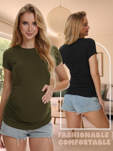 4 Pack Womens Maternity Shirts, Crew Neck Maternity Top Short Sleeve - color: Black/White/Brown/Army Green, size: X-Large