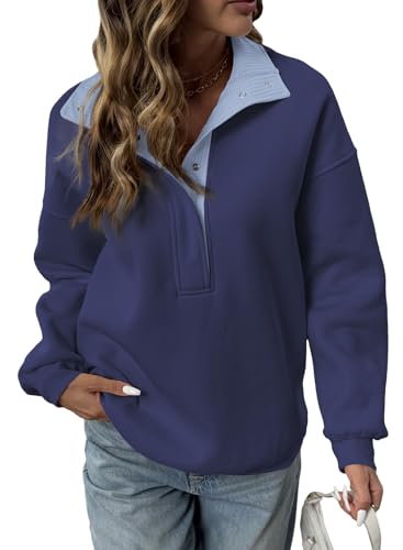 BLENCOT Women Mock Neck Sweatshirt Oversized Long Sleeve Henley Shirts - color: Dirty Blue, size: XX-Large