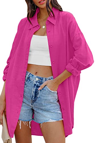 FSHAOES Womens Oversized Button Down Shirts Casual Loose Long Sleeve Solid Lapel Long Blouses Tops with Pockets - color: 06-pink, size: XX-Large