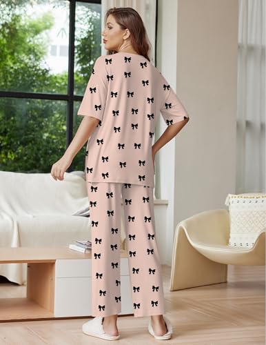 Ekouaer Lounge Sets for Women Soft Comfy Pajama Set 2 Piece Outfits - color: Beige Bow, size: XX-Large