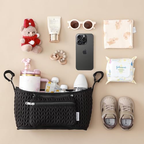 Stroller Organizer - Stylish Quilting Nylon, Universal Fit, Detachable Bag, Adjustable Multi-Storage for Baby Stroller and Pet Stroller(Black-A - color: Black