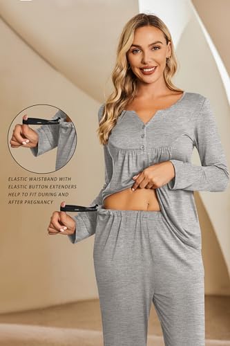 Ekouaer Maternity Nursing Pajama Set Long Sleeve Postpartum Pjs Mom Clothes - color: Heather Grey, size: Large