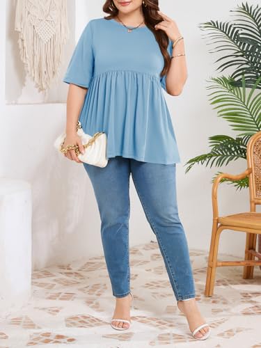 Cicy Bell Womens Babydoll Tops Plus Size Tunic Summer Flowy Peplum Shirts - color: Light Blue, size: X-Large