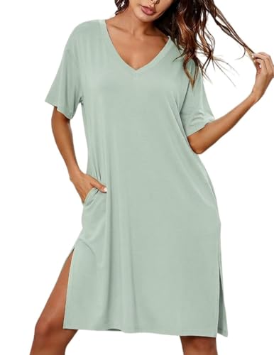 Ekouaer Womens Plus Size Nightgown Bamboo Viscose Short Sleeve Sleepshirt - color: Light Green, size: Medium