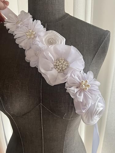 Wedding Bridal Floral Sash Belt Maternity Sash for Baby Shower - color: White