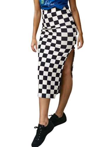 EARKOHA Womens Checkered Slit Midi Skirt Summer Fall Bodycon Long Skirts - color: A-white, size: X-Large