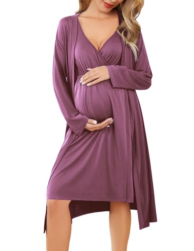 Ekouaer Maternity Nursing Gown and Robe Set Labor Delivery Nightgowns - color: Gray Purple, size: Medium