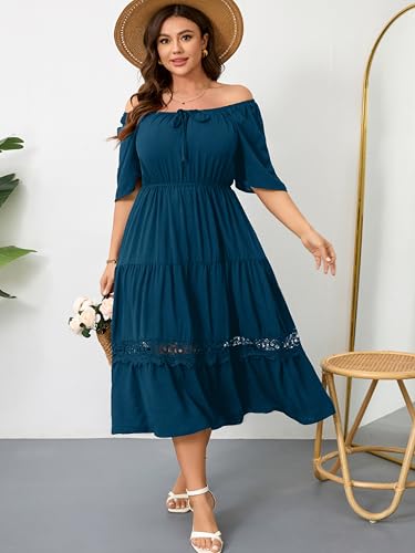 RWJ Women's Plus Size Maxi Dress Short Sleeve Wedding Guest Summer Dresses - color: Lake Blue, size: Large Plus