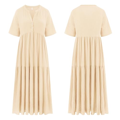 R.Vivimos Womens Summer Cotton Casual Flowy Maxi Dress - color: Beige, size: Small