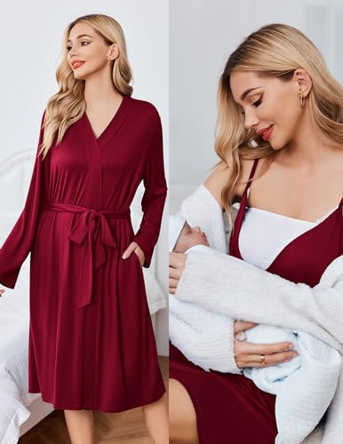 Ekouaer Nursing Nightgown and Maternity Robe Set Labor and Delivery Gown - color: Burgundy Wine Red, size: Medium