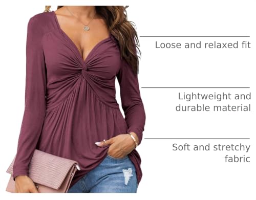 Tankaneo Women V-Neck Front Knotted Tshirt Long Sleeve Oversized Tunic Top - color: B22-fuchsia, size: Medium