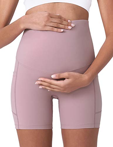 POSHDIVAH Maternity Biker Shorts Over the Belly with Pockets 5"/8" - color: Pink, size: Large