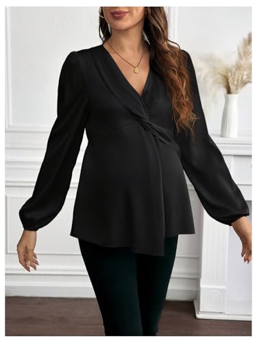 MakeMeChic Women's Maternity Shirts Blouse Satin Work Clothes Babydoll Tops - color: Black, size: Small