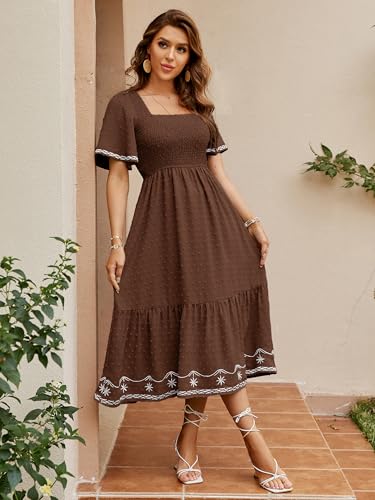 Glamaker Women's Short Sleeve Smocked Square Neck A Line Summer Flowy Maxi Long Dress - color: 01-brown, size: Medium