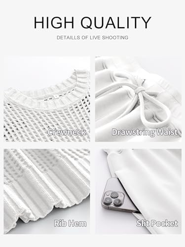ANRABESS Women Two Piece Outfits Crochet Lounge Matching Travel Sets - color: White, size: Medium