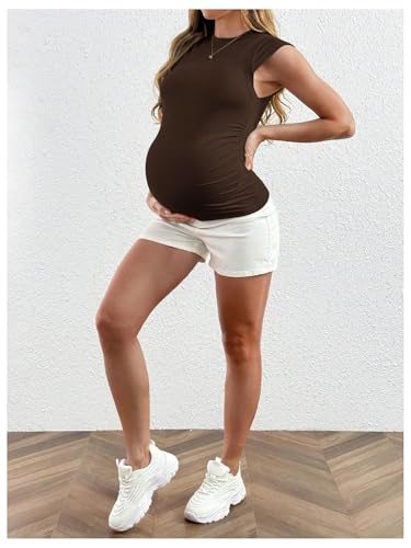 MakeMeChic Women's Maternity Shirts Summer Crew Neck Ruched Sleeveless Fitted Pregnancy Tops - size: Small
