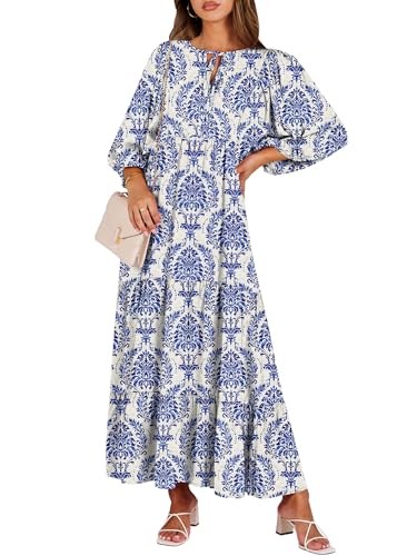 ANRABESS Womens Boho Floral 3/4 Puff Sleeve Maxi Dress - color: Blue Khaki, size: Small