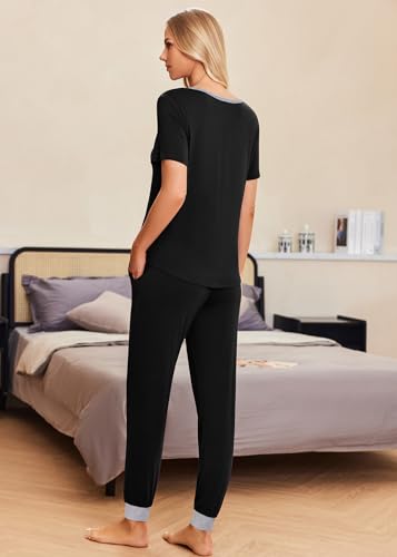 Ekouaer Pajamas for Women Set 2 Piece Fall Sleepwear with Pockets - color: Black, size: X-Large