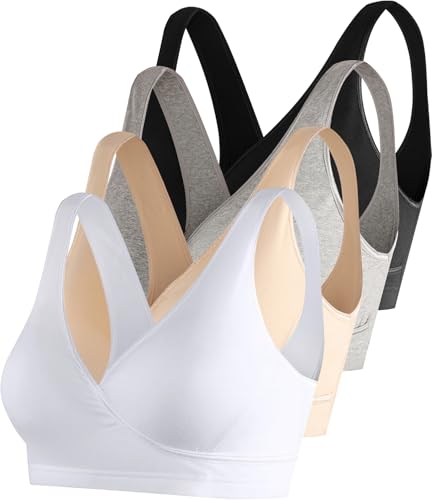 SUIEK 4 Pack Nursing Sleep Bra Maternity Bralette Cotton Breastfeeding Bras - color: Black/Grey/Nude/White-4pcs, size: Small