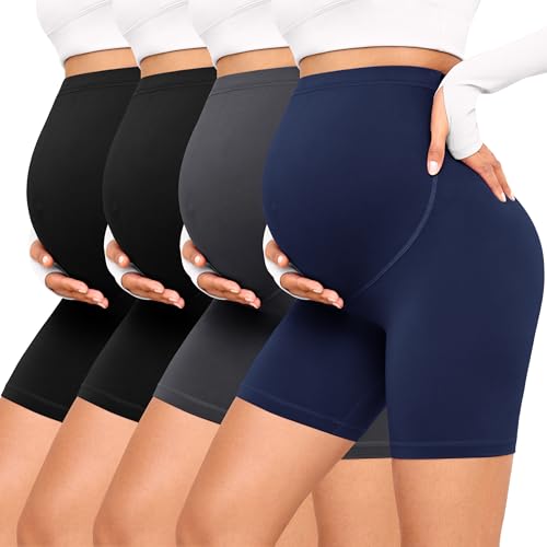 VALANDY Creamlush 4 Pack Maternity Shorts Over the Belly 5"/8" - color: 5 Inch - Black*2/Dark Grey/Navy Blue, size: Large