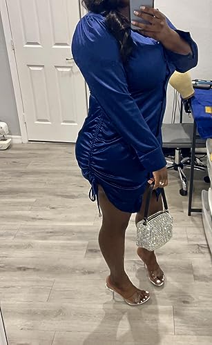 Women's Sexy Button Down Shirts Loose Collar Long Sleeve Ruched Silk Cloth Night Out Club Mini Wrap Dress Drawstring - color: Blue, size: X-Large