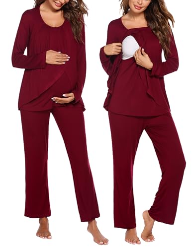 Ekouaer Maternity Nursing Pajama Set Long Sleeve Breastfeeding Sleepwear - color: A Wine Red, size: Small