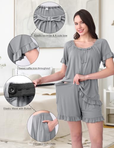 SUNNYBUY 3 PCS Ruffle Nursing Pajamas Set with Bow, Maternity Sleepwear - color: Gray, size: Medium