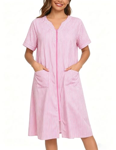 YOZLY House Dresses for Women Zipper Front Housecoat Lightweight Duster Robe with Pockets - color: Stripe Pink, size: Large