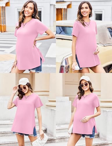 Ekouaer Women's Maternity Shirts Short Sleeve Pregnancy Tops Blouses Split Side Casual Crewneck Pregnant Tunic Tee - color: Light Pink, size: Small