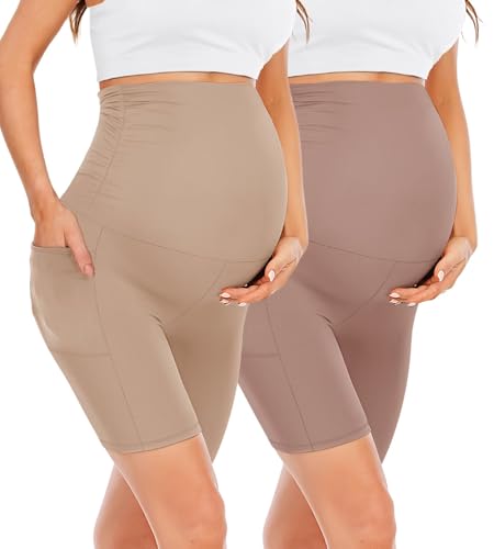 Happy.angel 2 Pack Maternity Shorts Over Belly, Black High Waisted 8" Pregnancy Workout Biker with Pockets,Wheat/Rosy Brown,Small