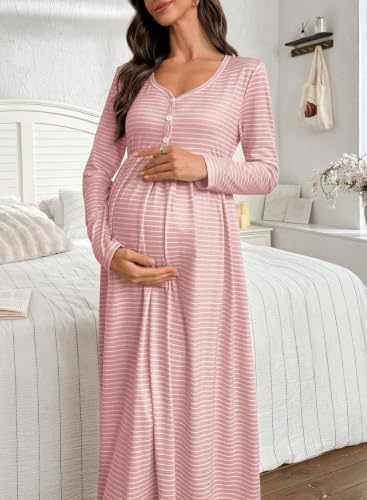 BLENCOT Maternity Dress V Neck Long Sleeve Striped Button Down Maxi Dresses - color: Pink, size: Small