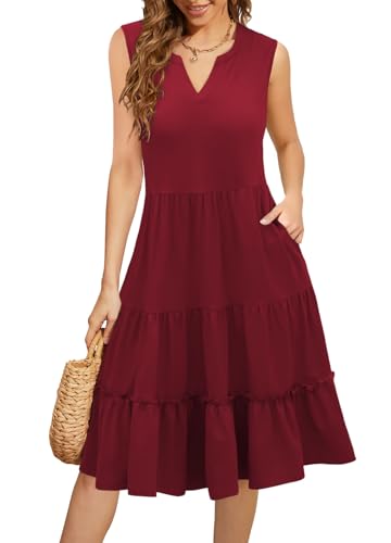 Summer Dresses for Women 2026 Flowy Casual Boho Midi Sun Dress with Pockets - color: Solid-red, size: X-Large