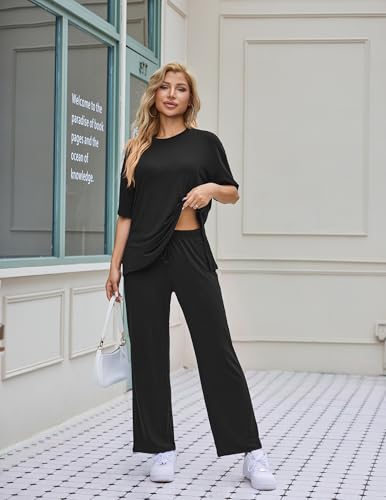 Ekouaer Women's Lounge Sets Short Sleeve Top Long Pants 2 Piece Outfit Set - color: Black&champagne, size: Medium
