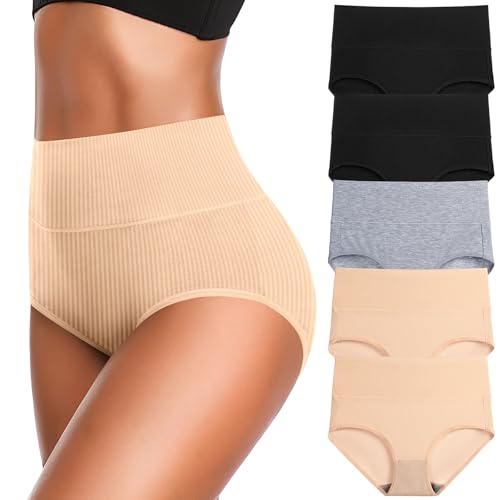Women's High Waist Cotton Underwear Super Stretchy Briefs Full Coverage Panties Soft Women Panties 5-Pack - color: Multi B-5 Pack, size: Medium-Large