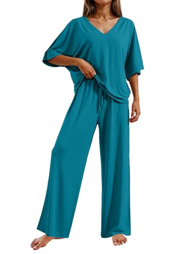 Ekouaer Pajama Sets Womens 2 Piece Short Sleeve Long Pants Pjs Lounge Set - color: Blue Green, size: Medium