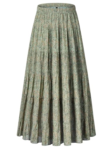 NASHALYLY Women's Chiffon Elastic High Waist Pleated A-Line Maxi Skirts - color: Green Floral B, size: Small