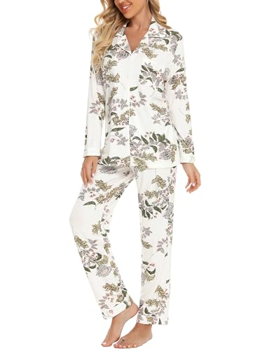Leikar Button Up Pajamas For Women Long Sleeve Viscose Soft Pjs Lounge - color: Maple Flower, size: Small