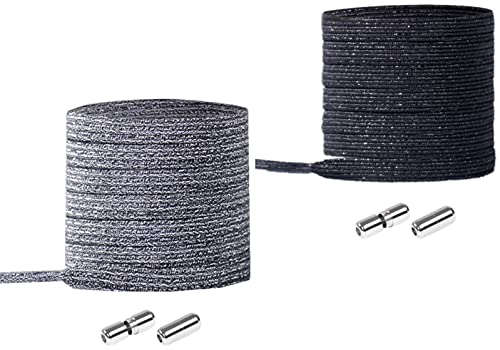 Elastic No tie flat Shoe Laces for adults kids Sneaker and Boot, One Size Fits All(2 Pair) - color: Silver Black
