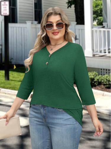 Womens Summer Plus Size 3/4 Length Sleeve Tops Button Down Shirts L-4XL - color: Green, size: 4X-Large