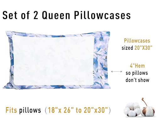 Sunflower Queen Pillowcases Set of 2, 100% Cotton Pillow Cases, Blue Bloom - color: Blue Bloom, size: Queen (20"x30")