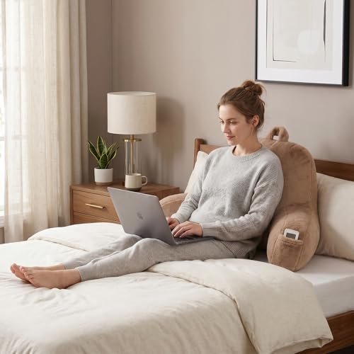 Soft Reading Pillow for Bed with Arms,Middle,Khaki,Faux Fur - color: Khaki, size: Standard(17")